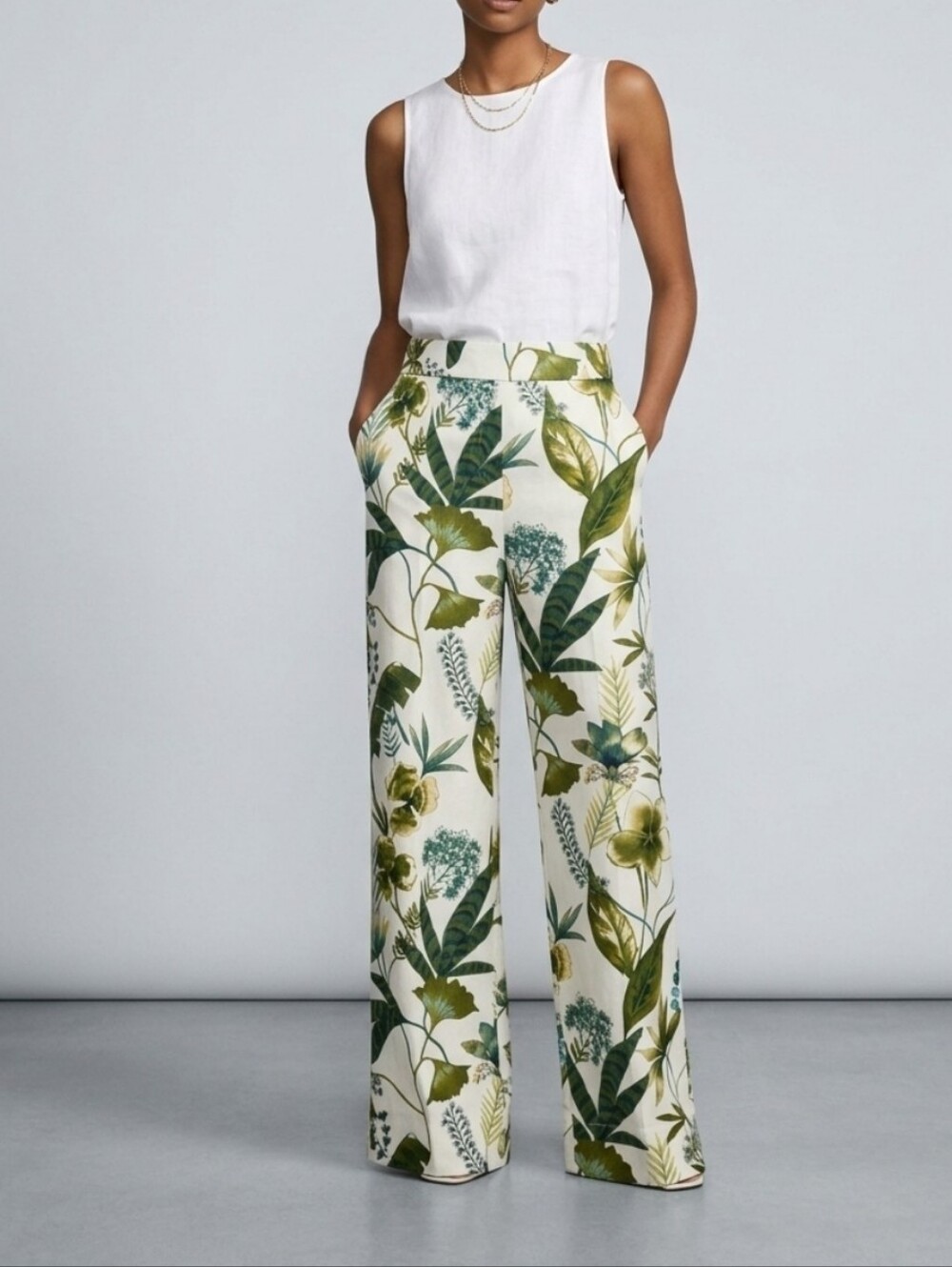 ZARA Tropical Floral Safari Print Straight Leg Summer Pants - Cream & Green